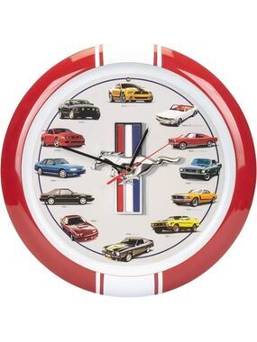 Ford Mustang History Sound Wall Clock 13 Inch Black 60's - Present Collector RED